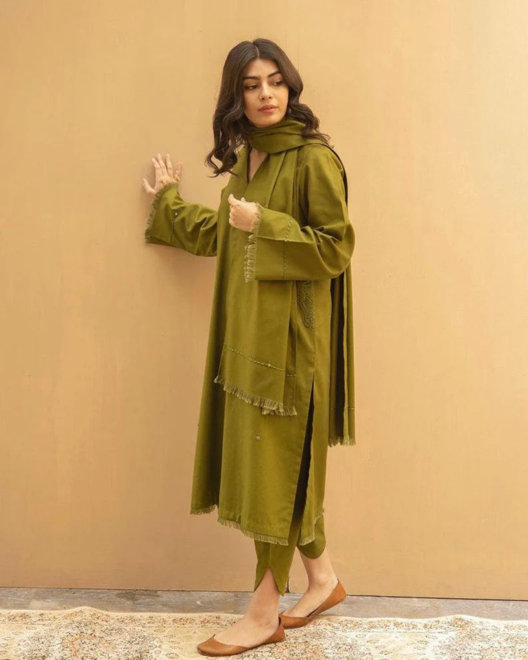 Winter Olive Grace – Premium Dhanak Ensemble